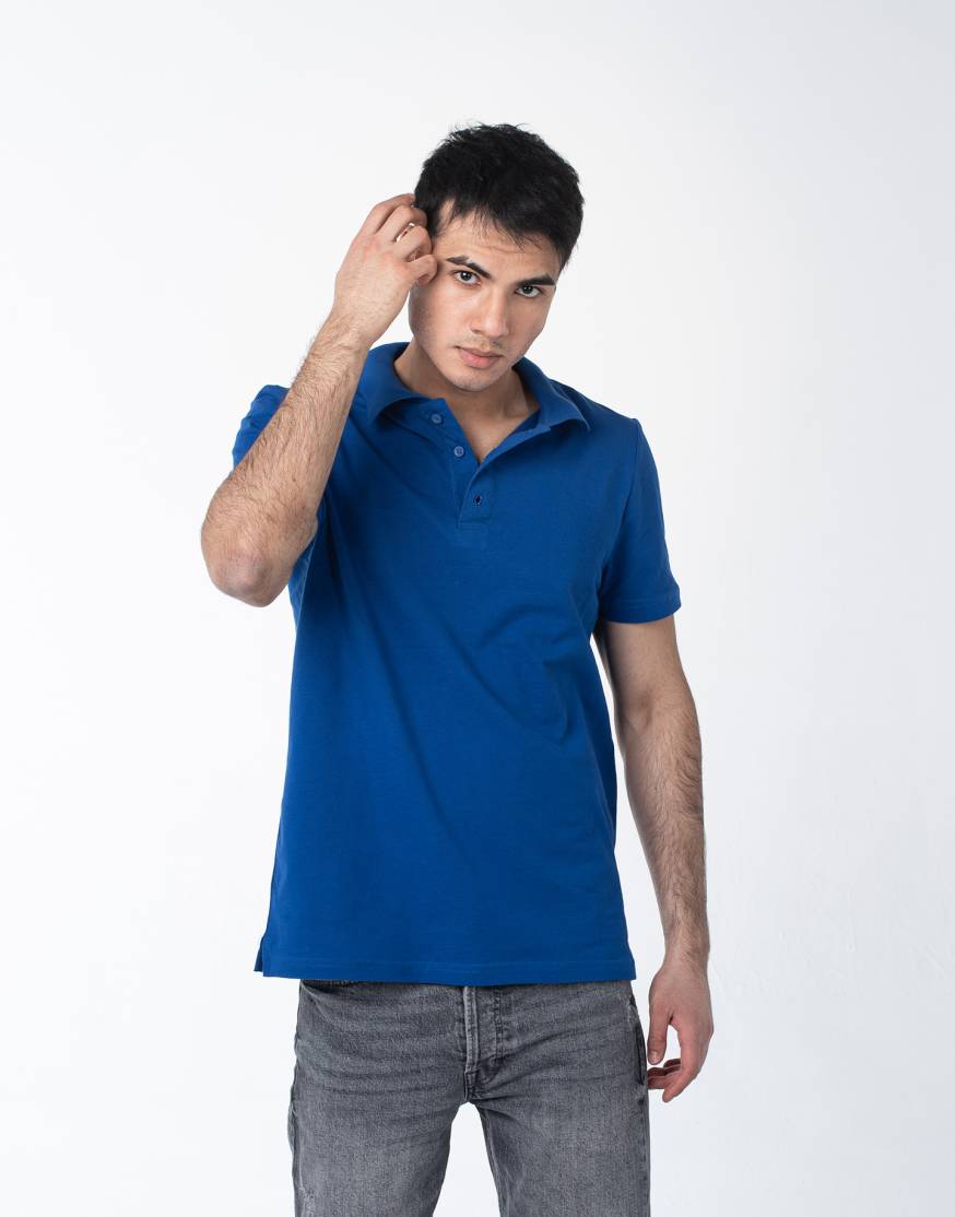 Синяя рубашка ПОЛО с эластаном мужская оптом